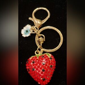 Elegant Red and Gold Tone Strawberry Key Holder or Bag Charm with Flower Detail